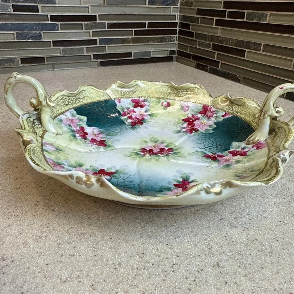 Antique Wheelock Tokio Japan Hand Painted Floral Spiderweb Porcelain Bowl Gold